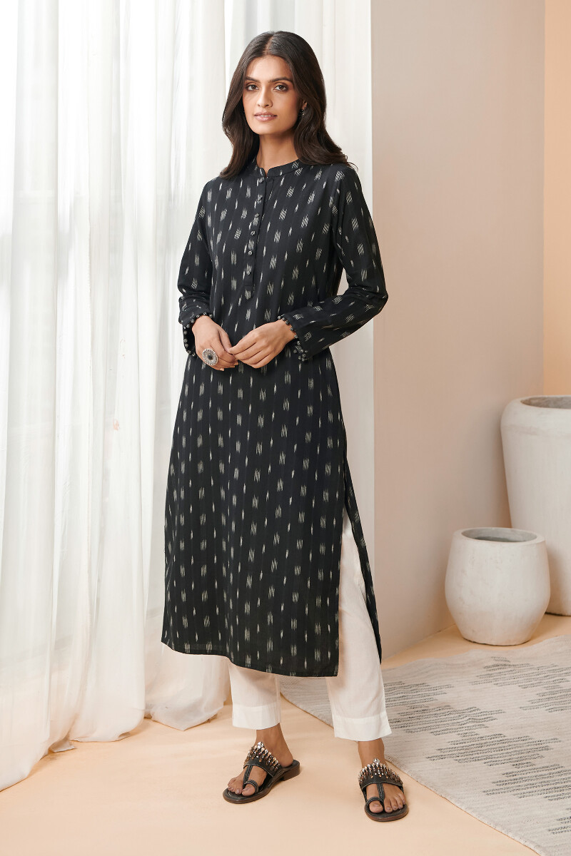 Buy Black Handcrafted Straight Cotton Kurta for Women FGMK22 495 Farida Gupta