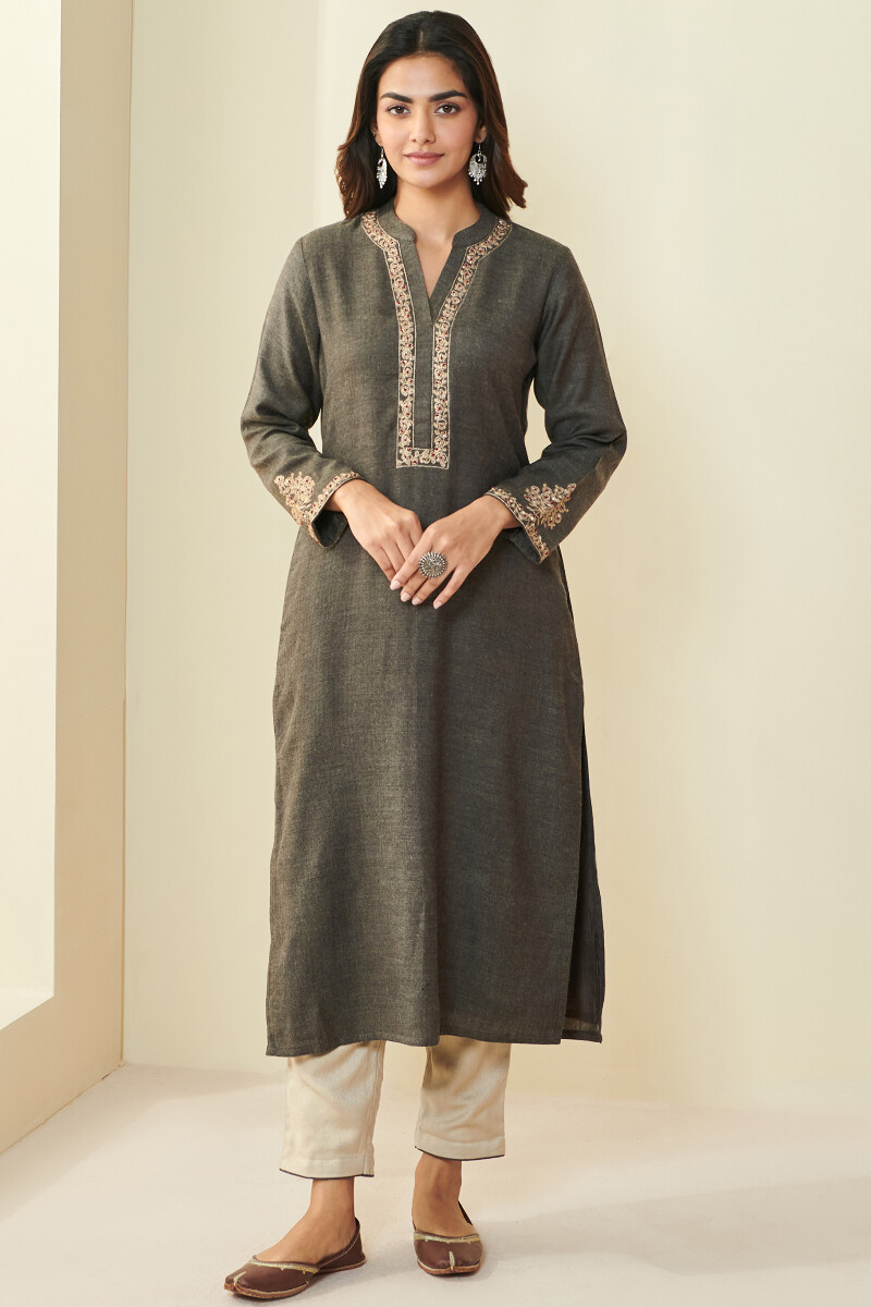 Brown Handcrafted Straight Faux Wool Kurta