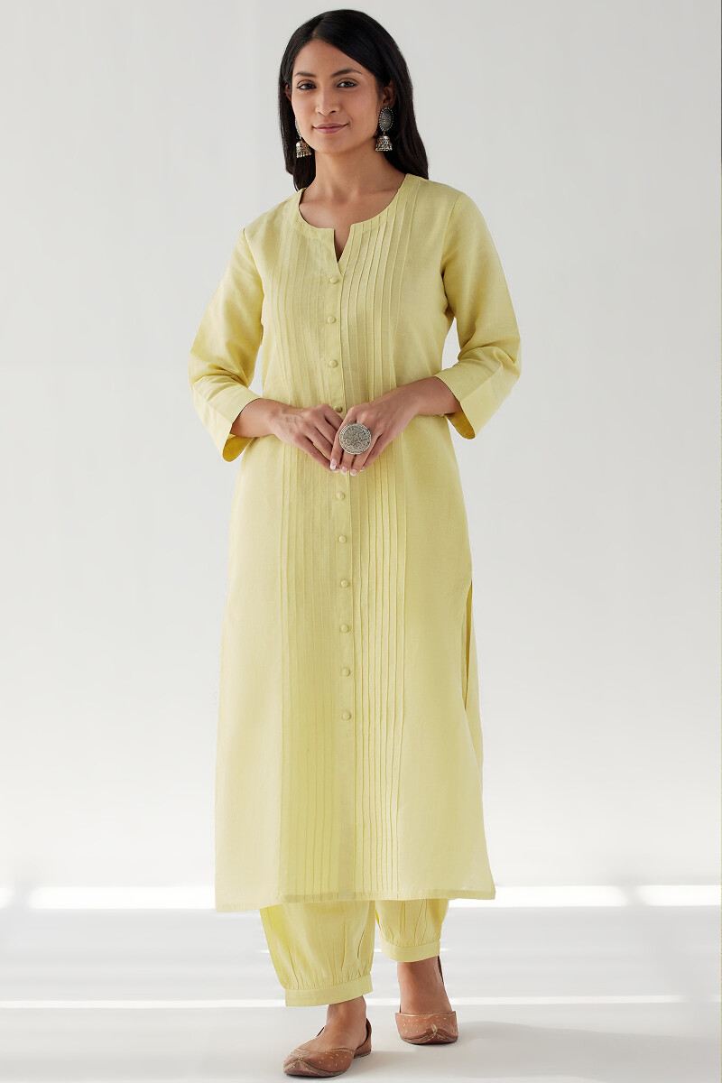 Yellow Handcrafted Straight Cotton Linen Kurta