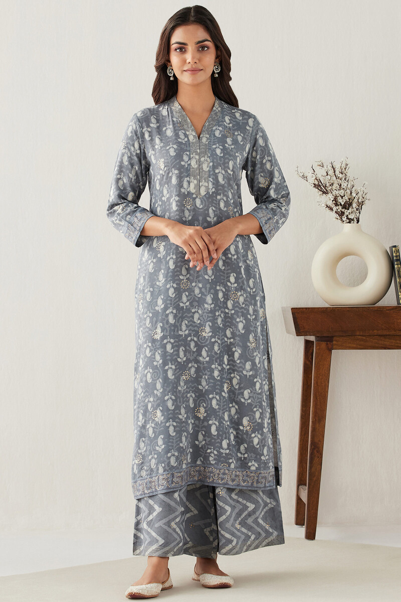 Grey Hand Block Printed Straight Modal Kurta