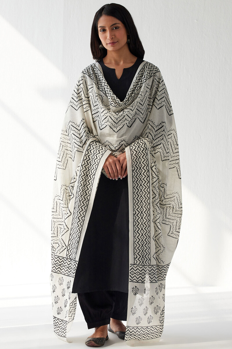 White Hand Block Printed Cotton Mul Dupatta