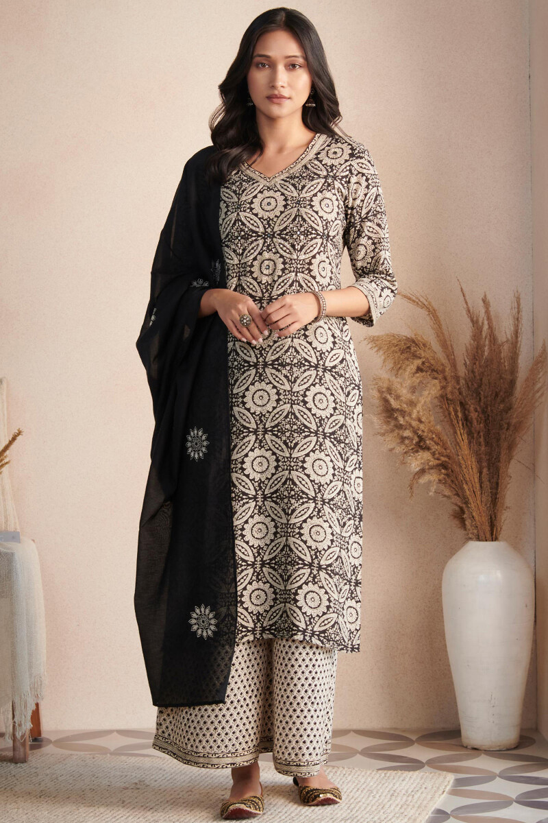 Beige Hand Block Printed Cotton Modal Palazzo