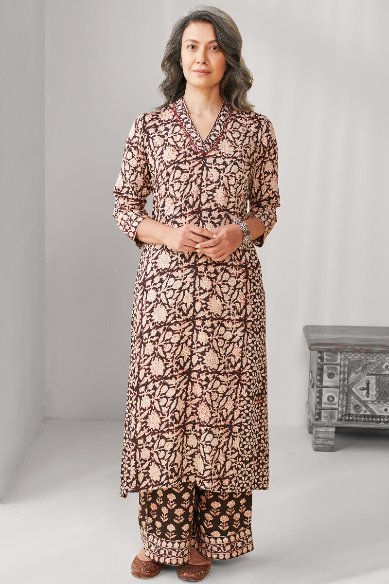 Black Hand Block Printed Straight Modal Kurta
