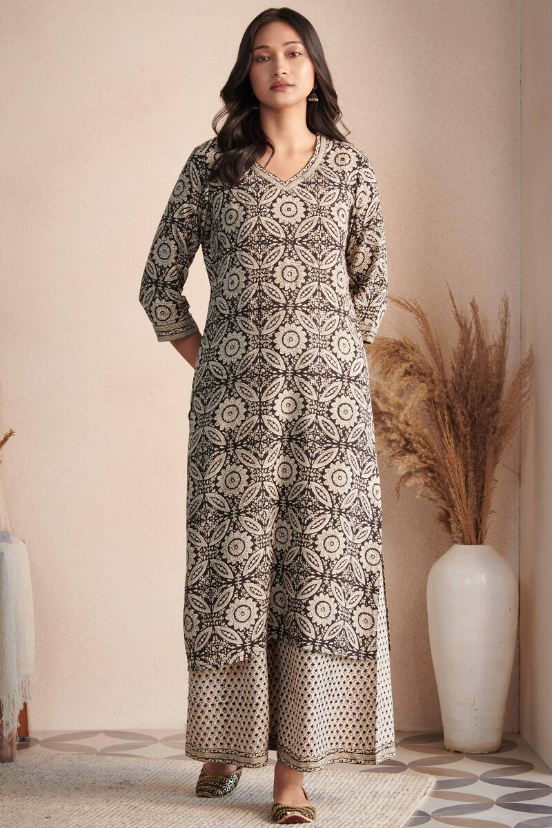 Black Hand Block Printed Straight Modal Kurta