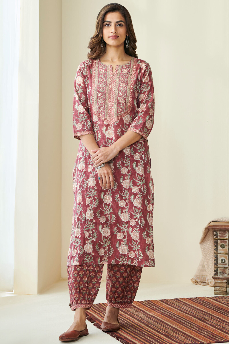 Maroon Hand Block Printed Straight Cotton Kurta
