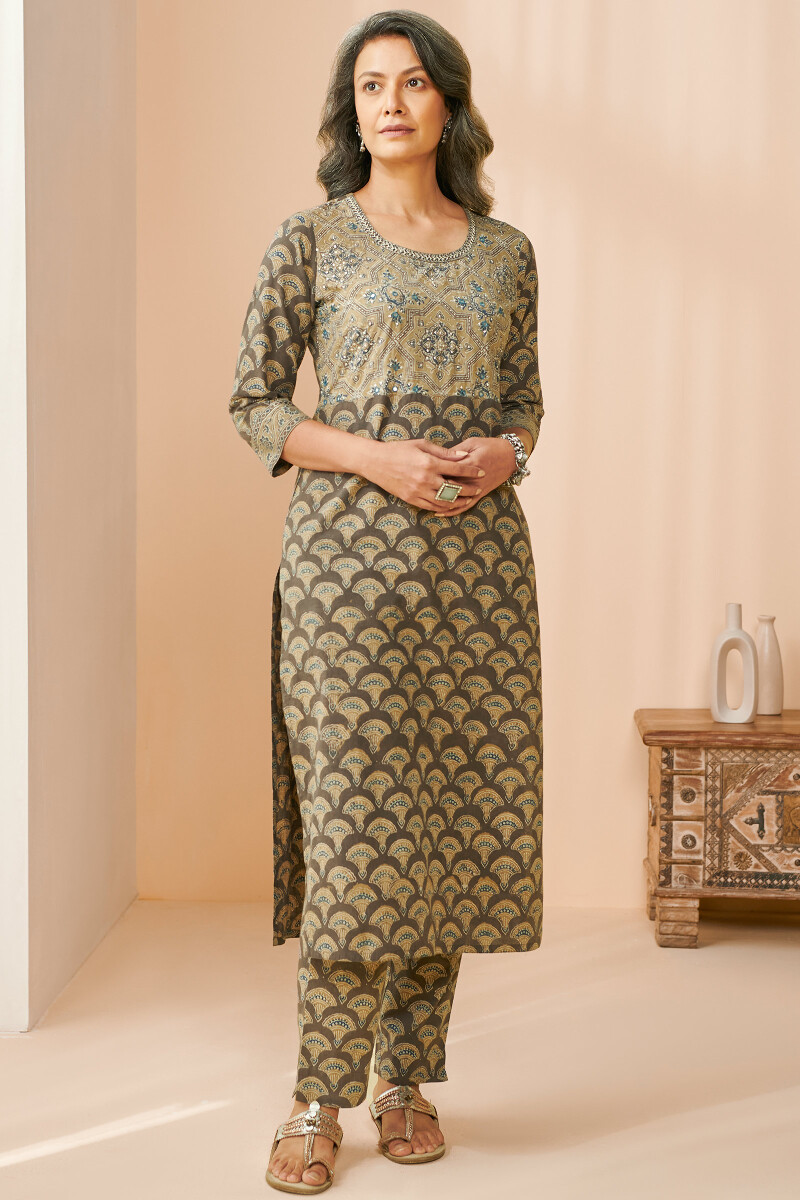 Brown Hand Block Printed Cotton Narrow Pants