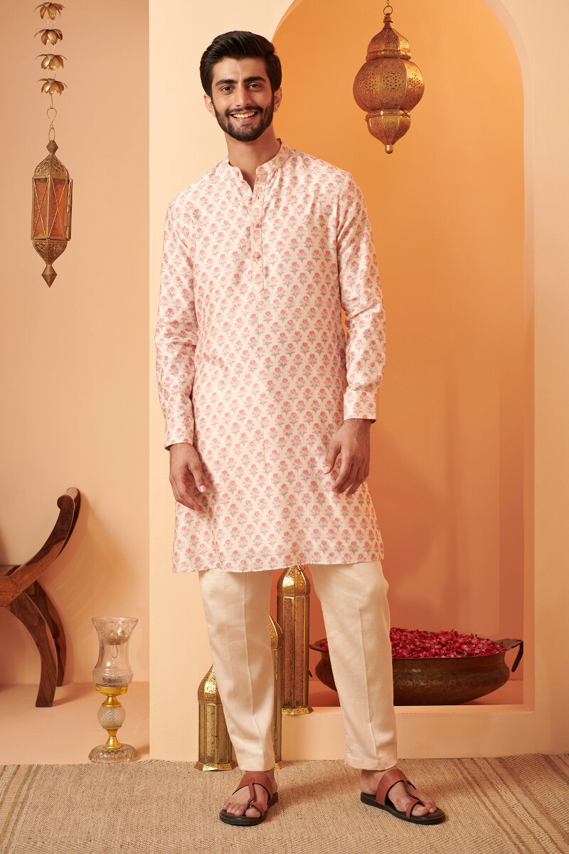Off-White Hand Block Printed Chanderi Kurta