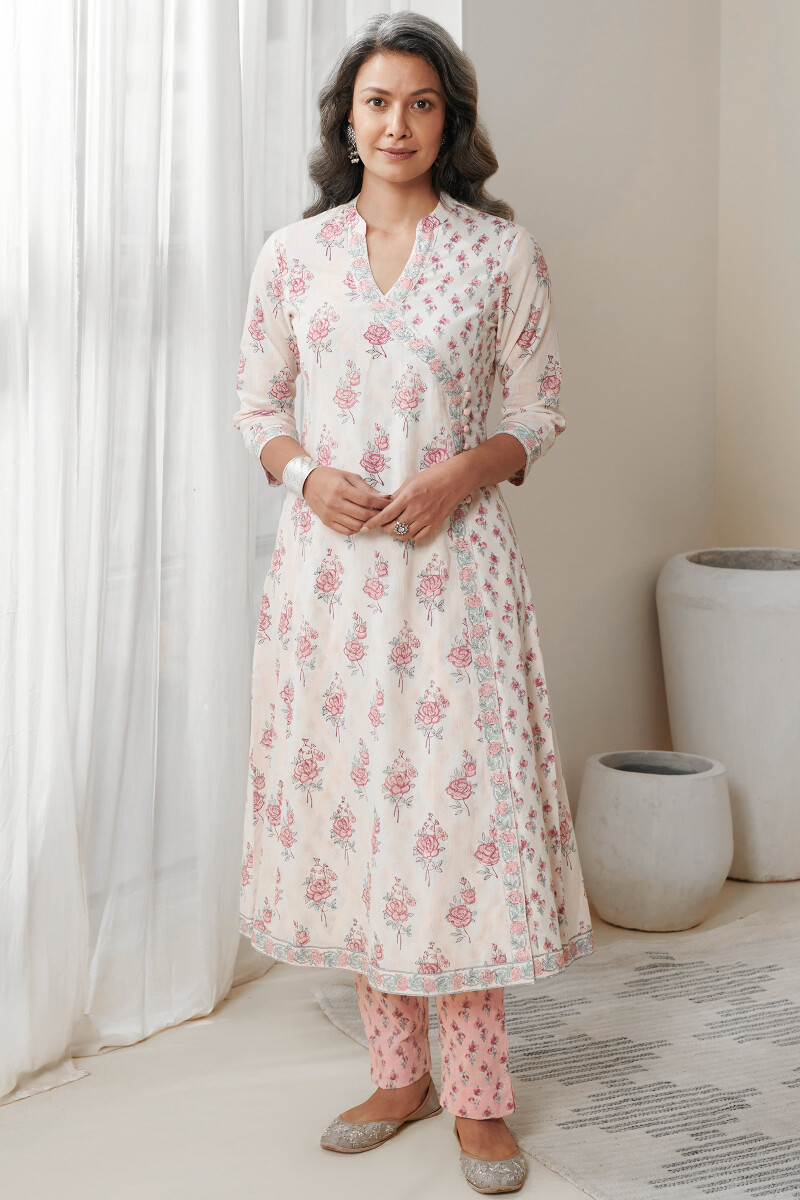 White Hand Block Printed Angrakha Cotton Kurta