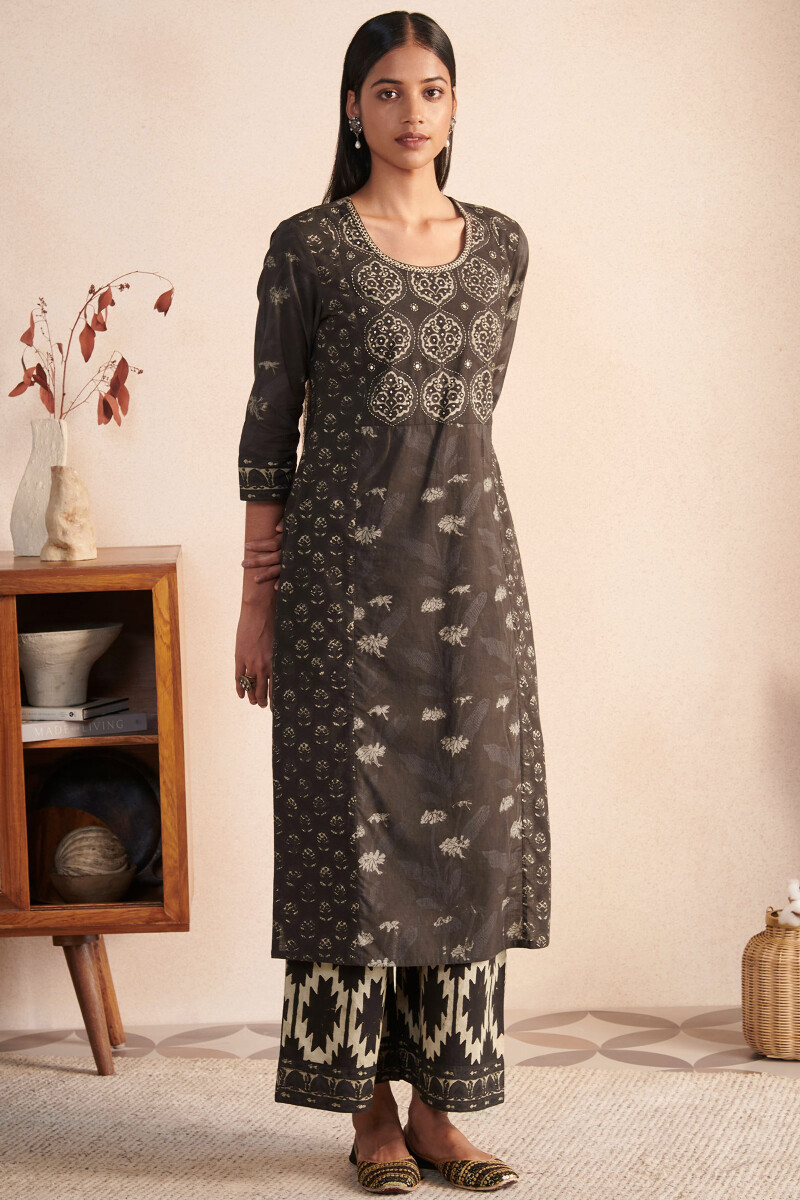 Brown Hand Block Printed Straight Cotton Kurta