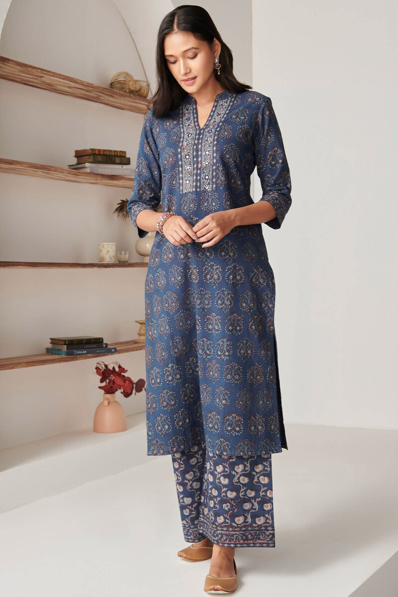 Indigo Hand Block Printed Straight Cotton Kurta