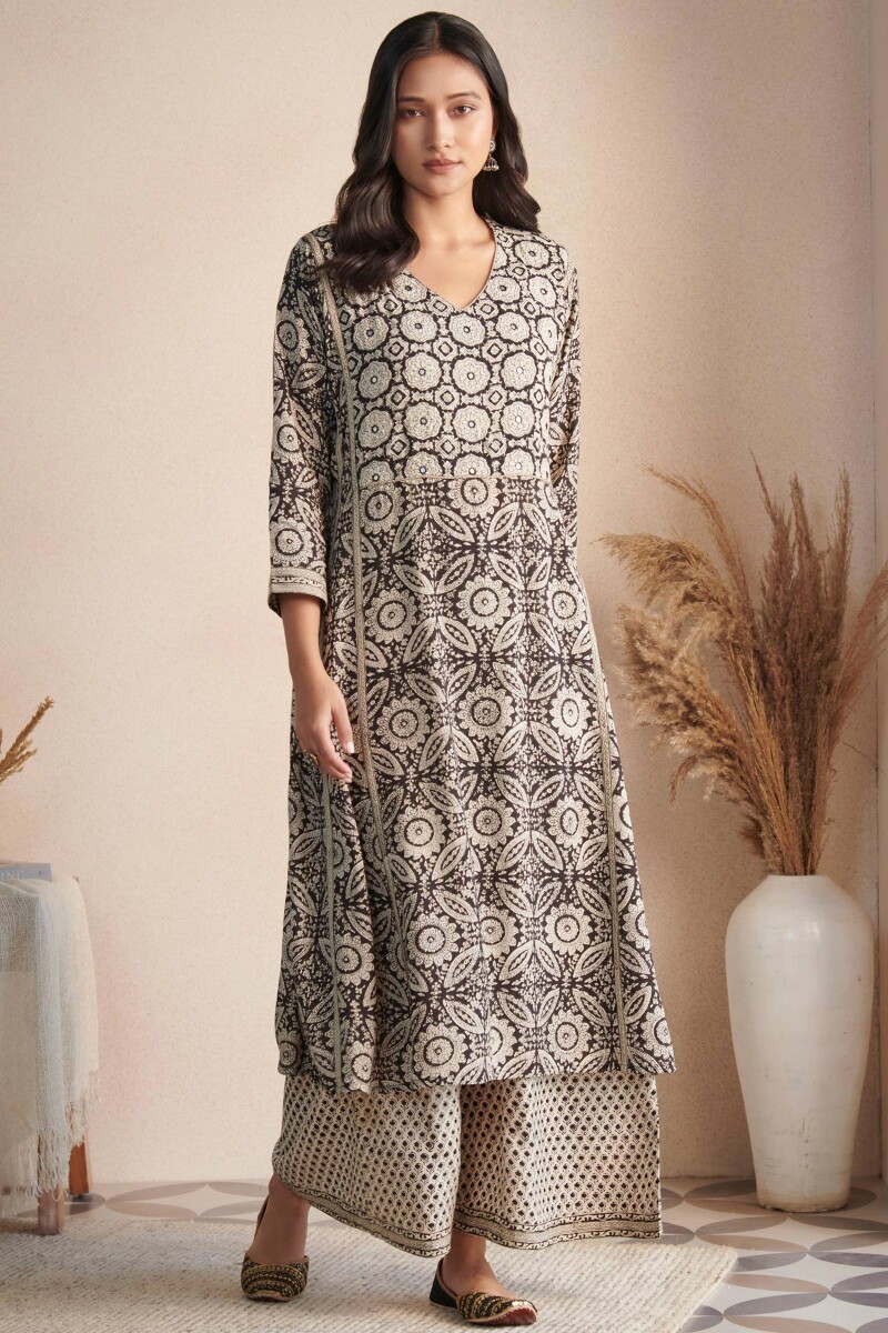Black Hand Block Printed Straight Modal Kurta