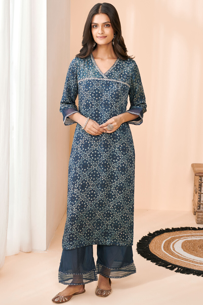 Indigo Hand Block Printed Straight Modal Kurta