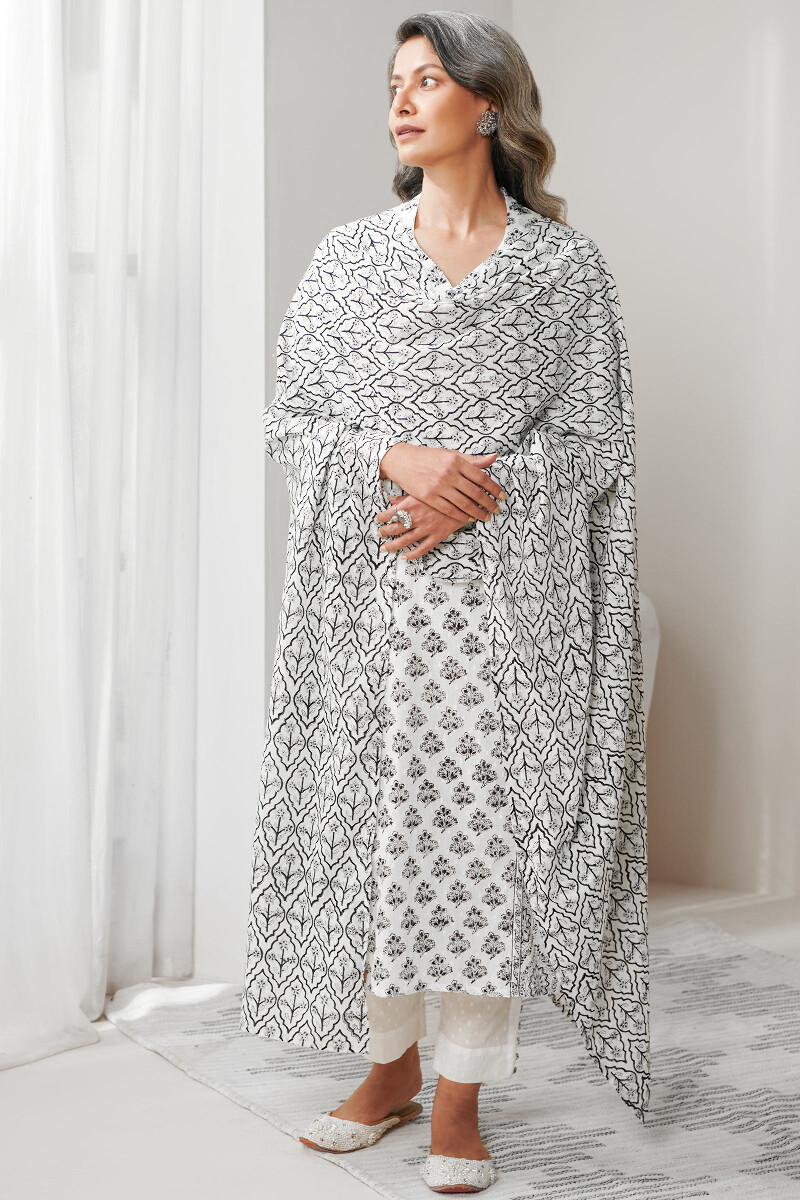 White Hand Block Printed Cotton Dupatta