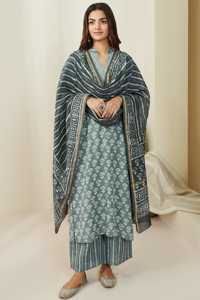 Grey Hand Block Printed Chanderi Dupatta