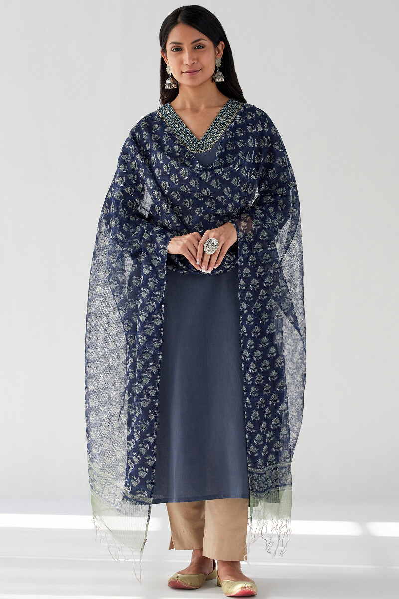 Blue Hand Block Printed Kota Dupatta
