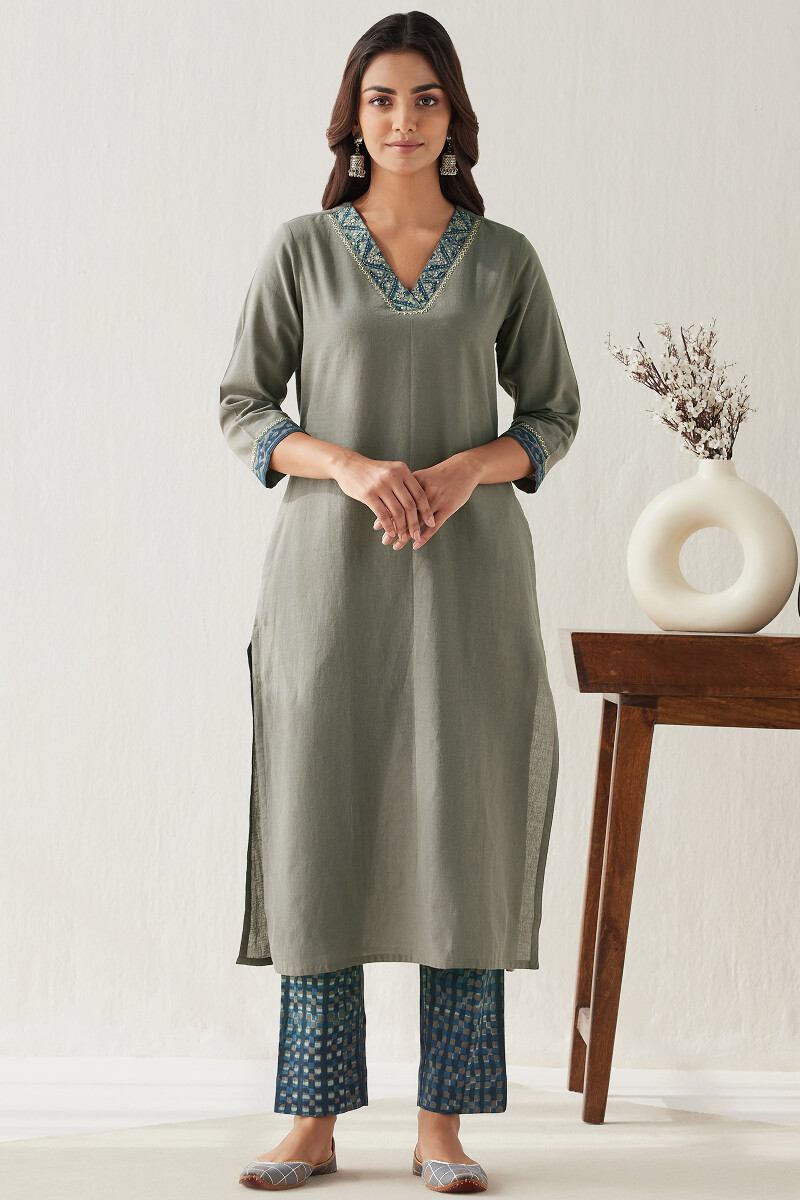 Grey Hand Block Printed Straight Handloom Kurta