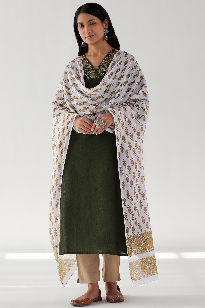 White Hand Block Printed Cotton Mul Dupatta