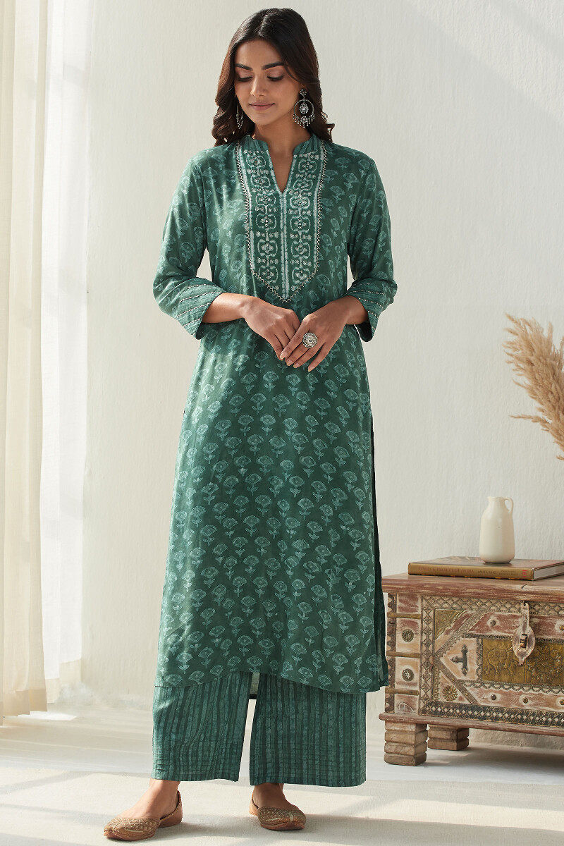 Green Hand Block Printed Straight Modal Kurta