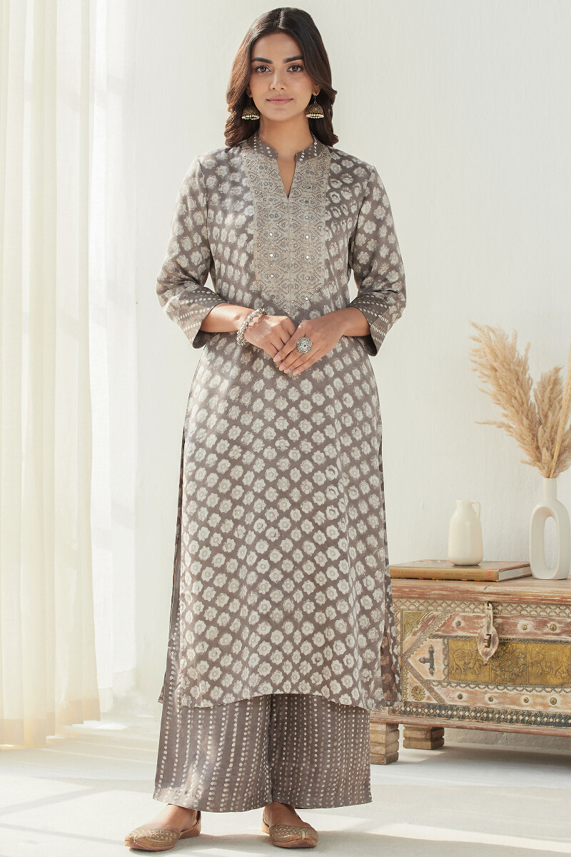 Grey Hand Block Printed Straight Modal Kurta
