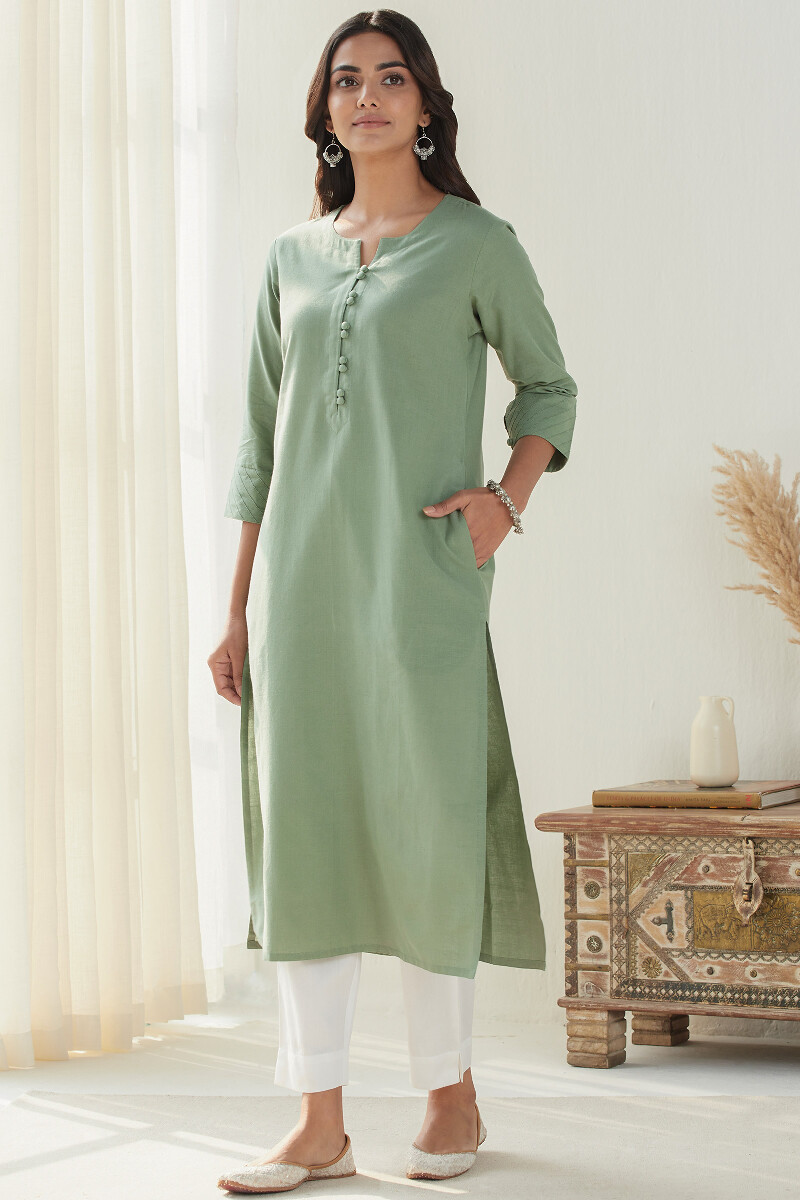 Green Handcrafted Straight Handloom Kurta