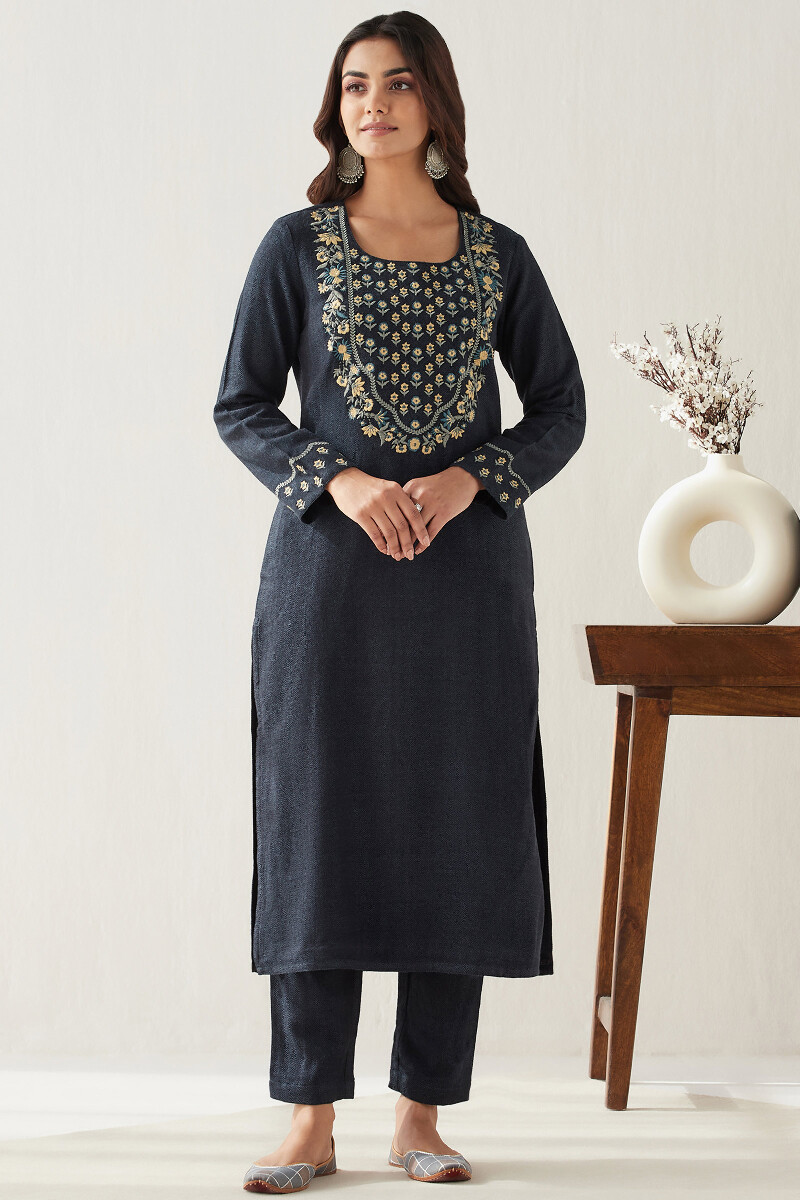Buy Blue Handcrafted Straight Faux Wool Kurta for Women FGMK22 381 Farida Gupta