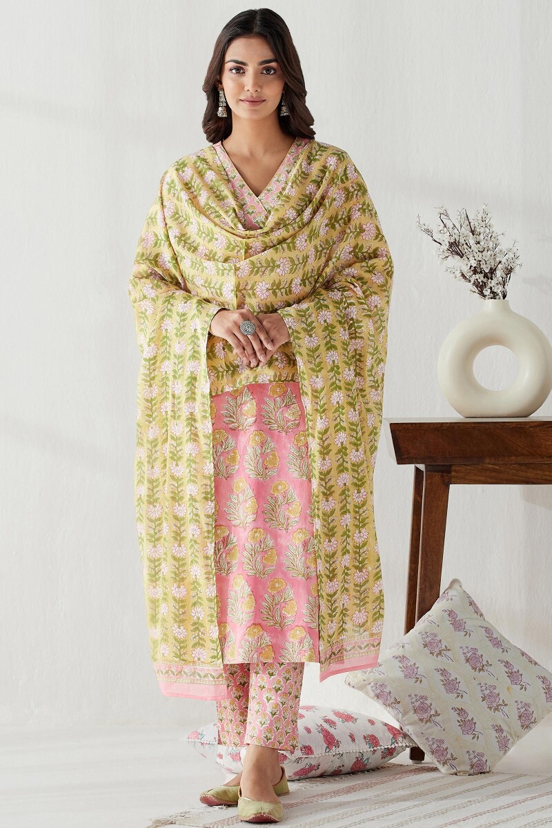 Yellow Hand Block Printed Cotton Mul Dupatta