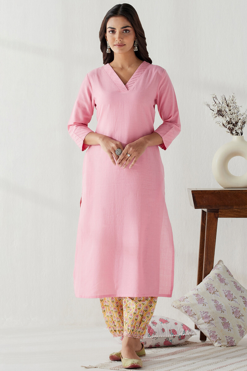 Pink Handcrafted Straight Handloom Kurta