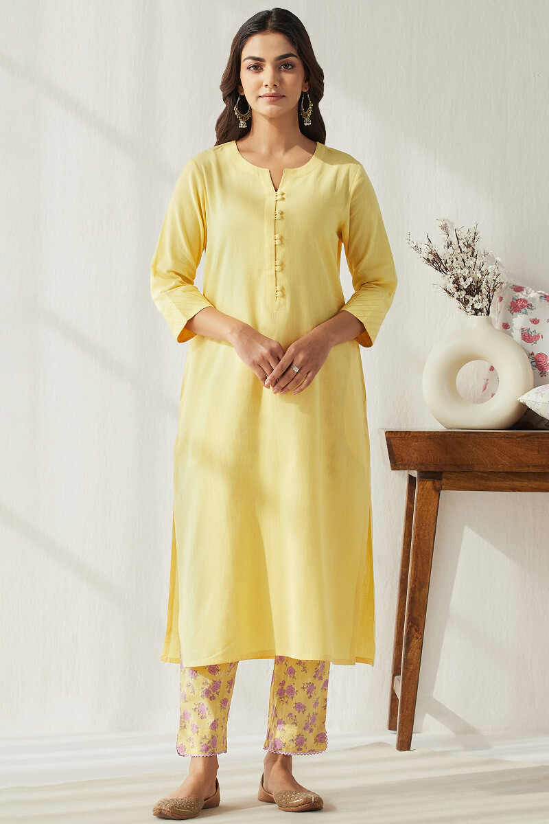 Yellow Handcrafted Straight Cotton Flax Kurta