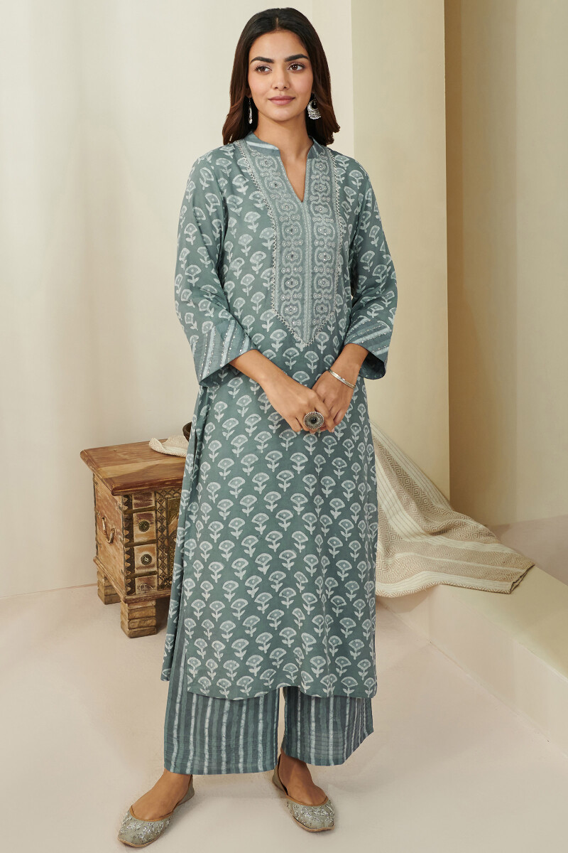 Grey Hand Block Printed Straight Modal Kurta