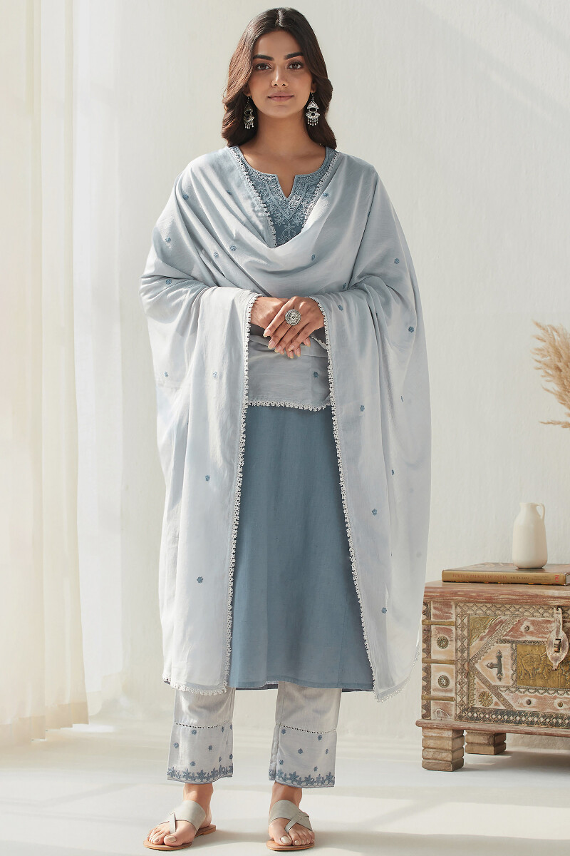 Blue Handcrafted Cotton Mul Dupatta