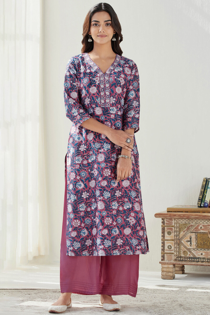 Purple Hand Block Printed Straight Chanderi Kurta