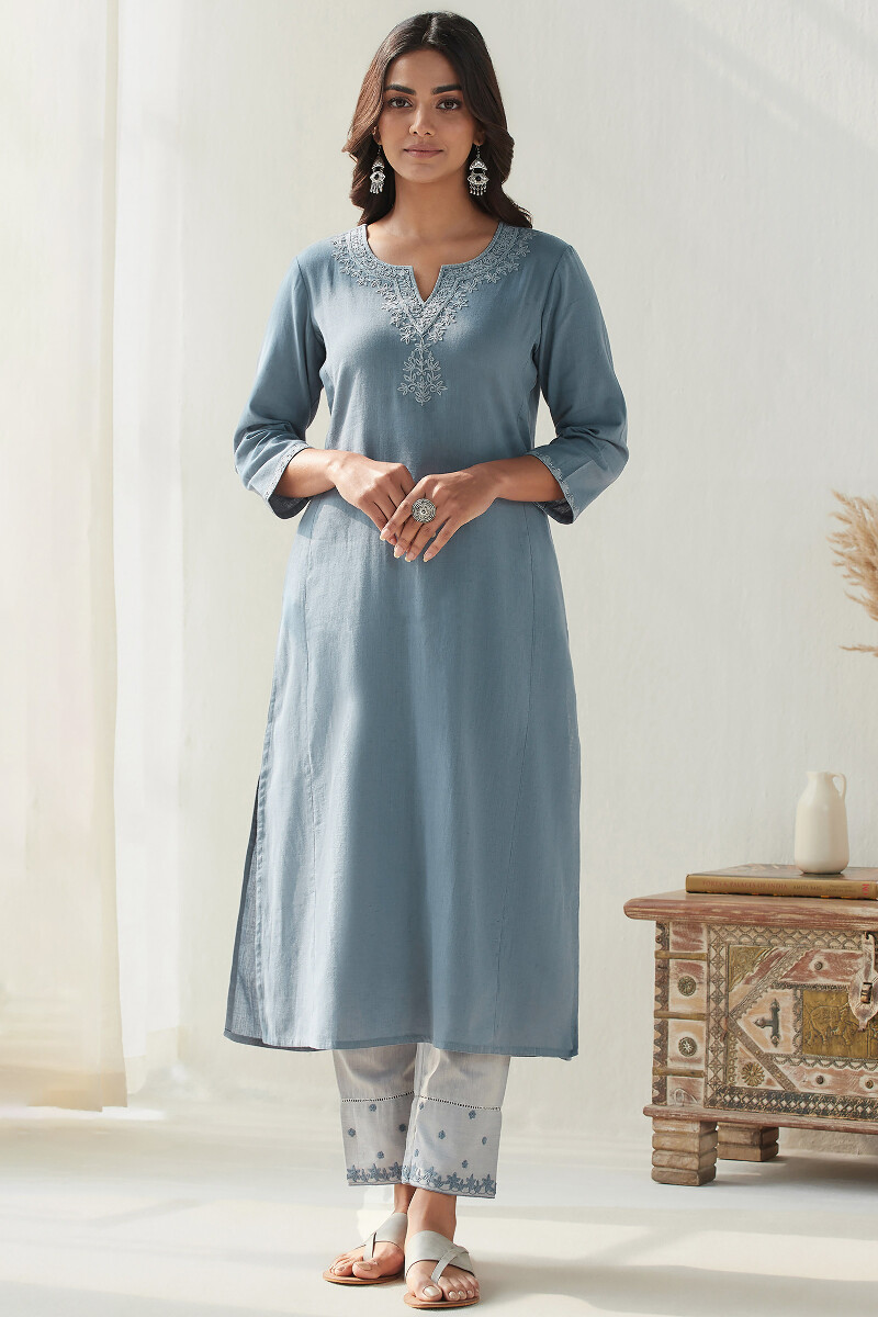 Blue Handcrafted Straight Cotton Flax Kurta