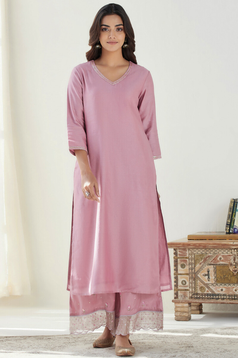 Pink Handcrafted Straight Chanderi Kurta