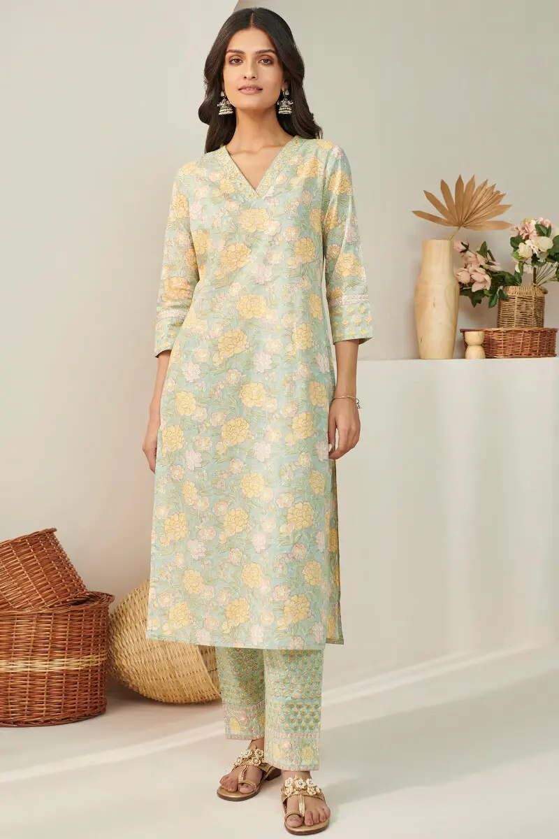 Blue Hand Block Printed Cotton Narrow Pants