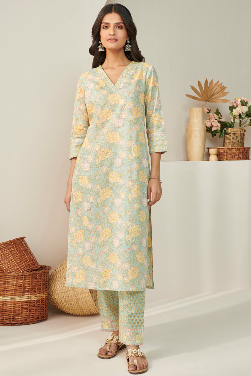 Blue Hand Block Printed Straight Cotton Kurta