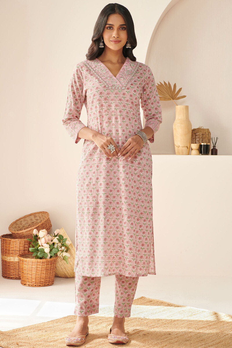 Pink Hand Block Printed Straight Cotton Mul Kurta