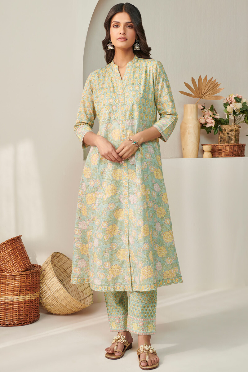 Blue Hand Block Printed A-Line Cotton Mul Kurta
