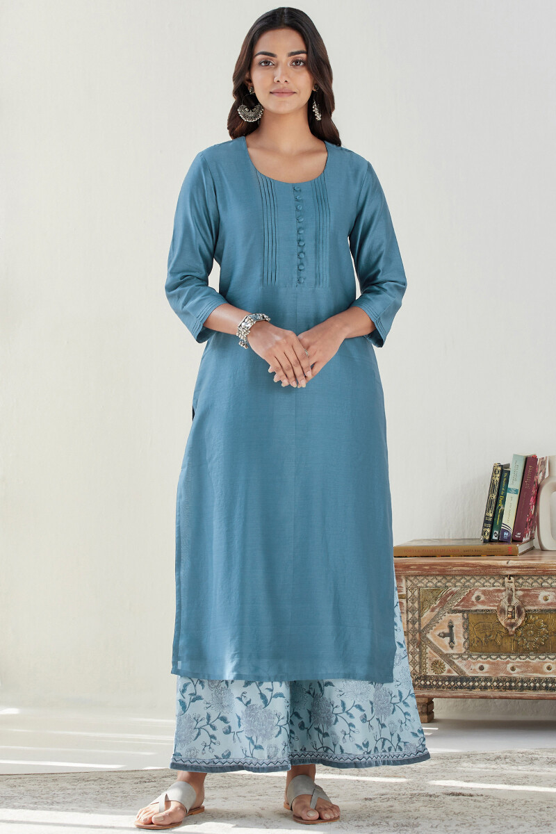 Blue Handcrafted Straight Chanderi Kurta