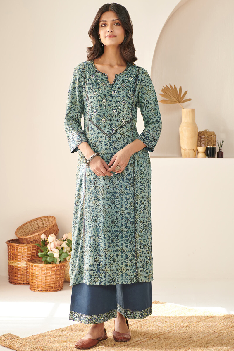 Akola Hand Block Printed Straight Cotton Modal Kurta