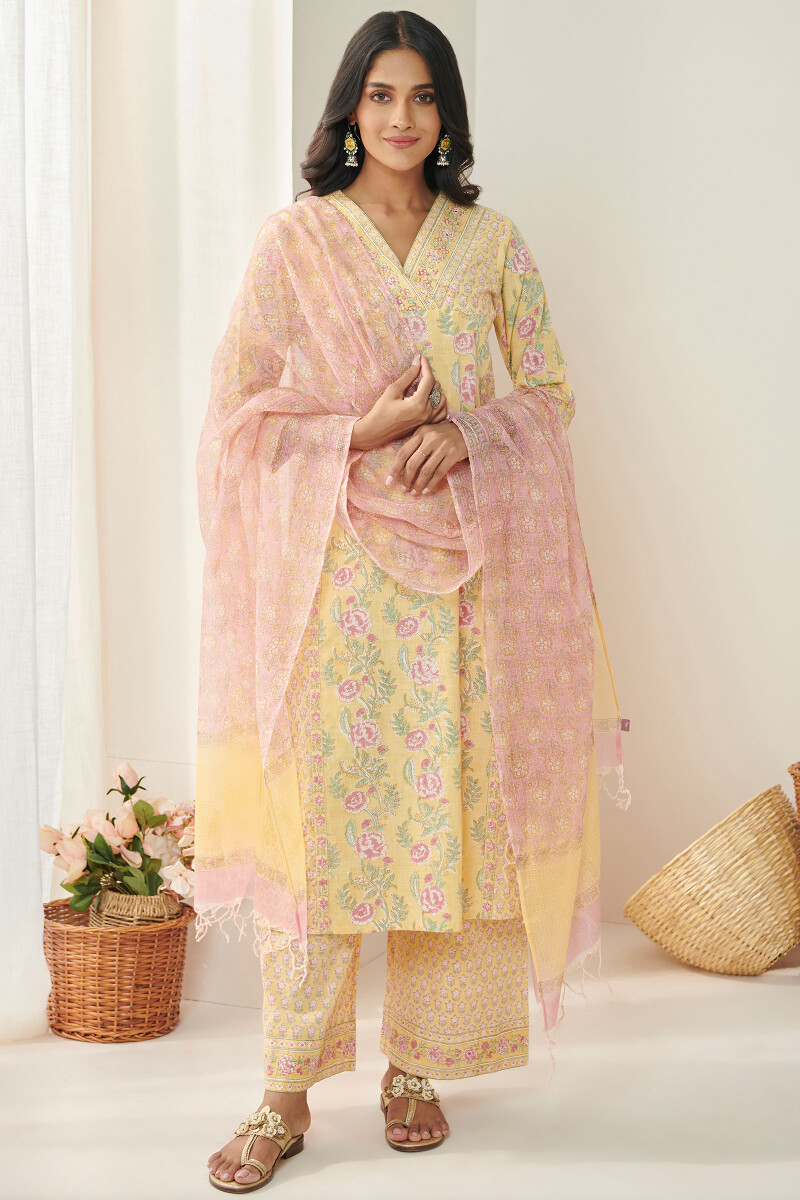 Yellow Hand Block Printed Straight Cotton Slub Kurta