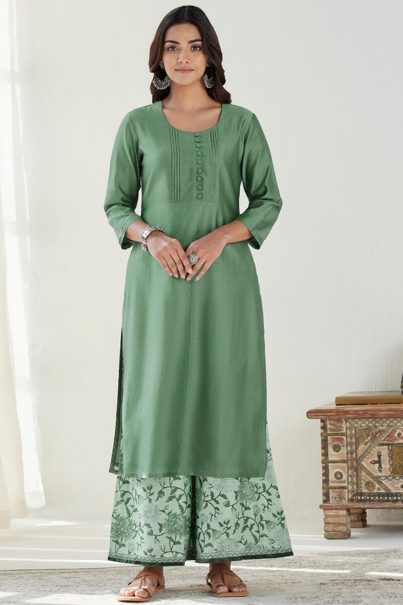 Green Hand Block Printed Chanderi Palazzos