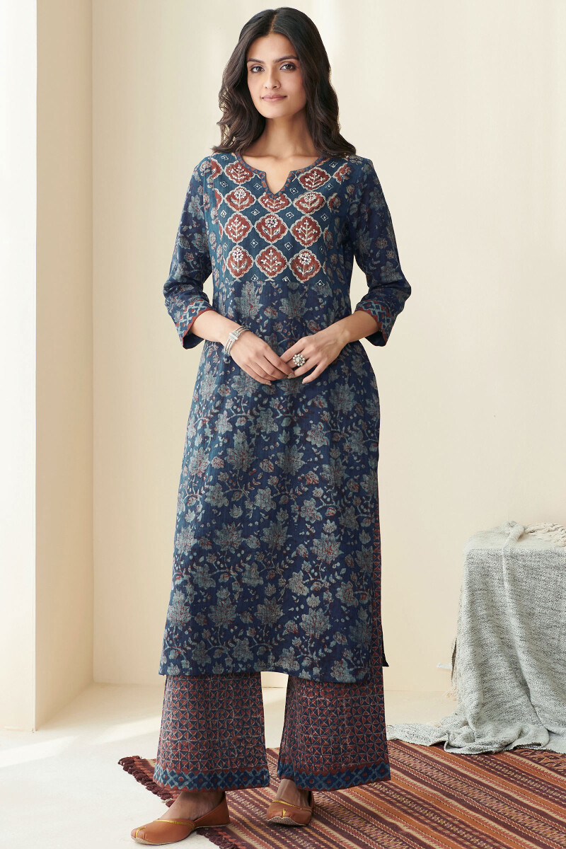 Akola Hand Block Printed Straight Cotton Dobby Kurta