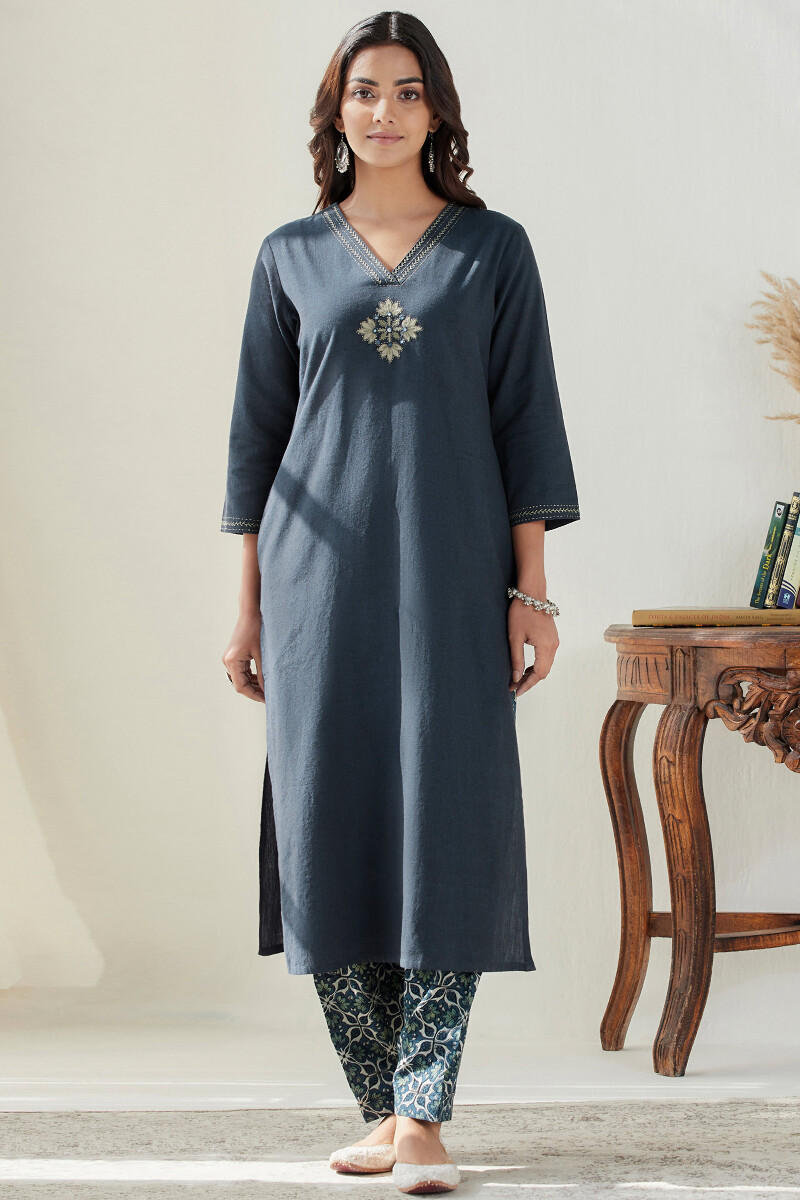 Blue Handcrafted Straight Cotton Kurta