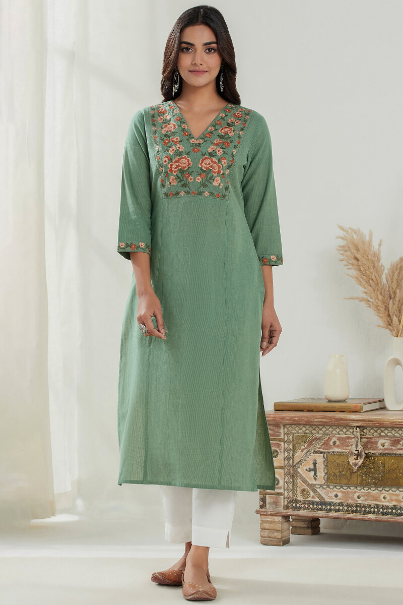 Green Handcrafted Straight Cotton Kurta