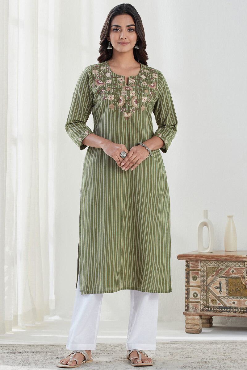 Olive Green Handcrafted Straight Cotton Kurta