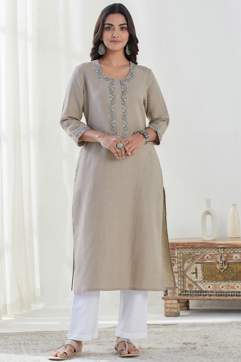 Beige Handcrafted Straight Cotton Linen Kurta