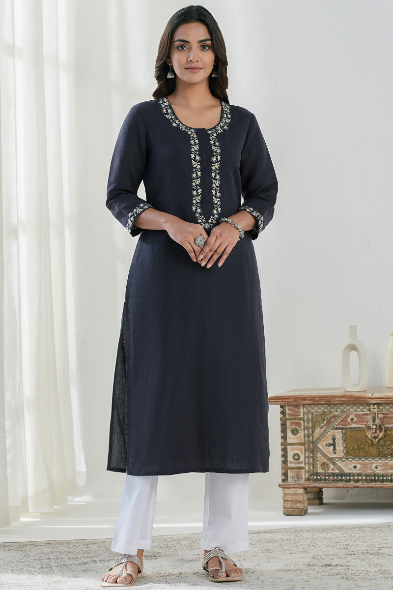 Blue Handcrafted Straight Cotton Linen Kurta