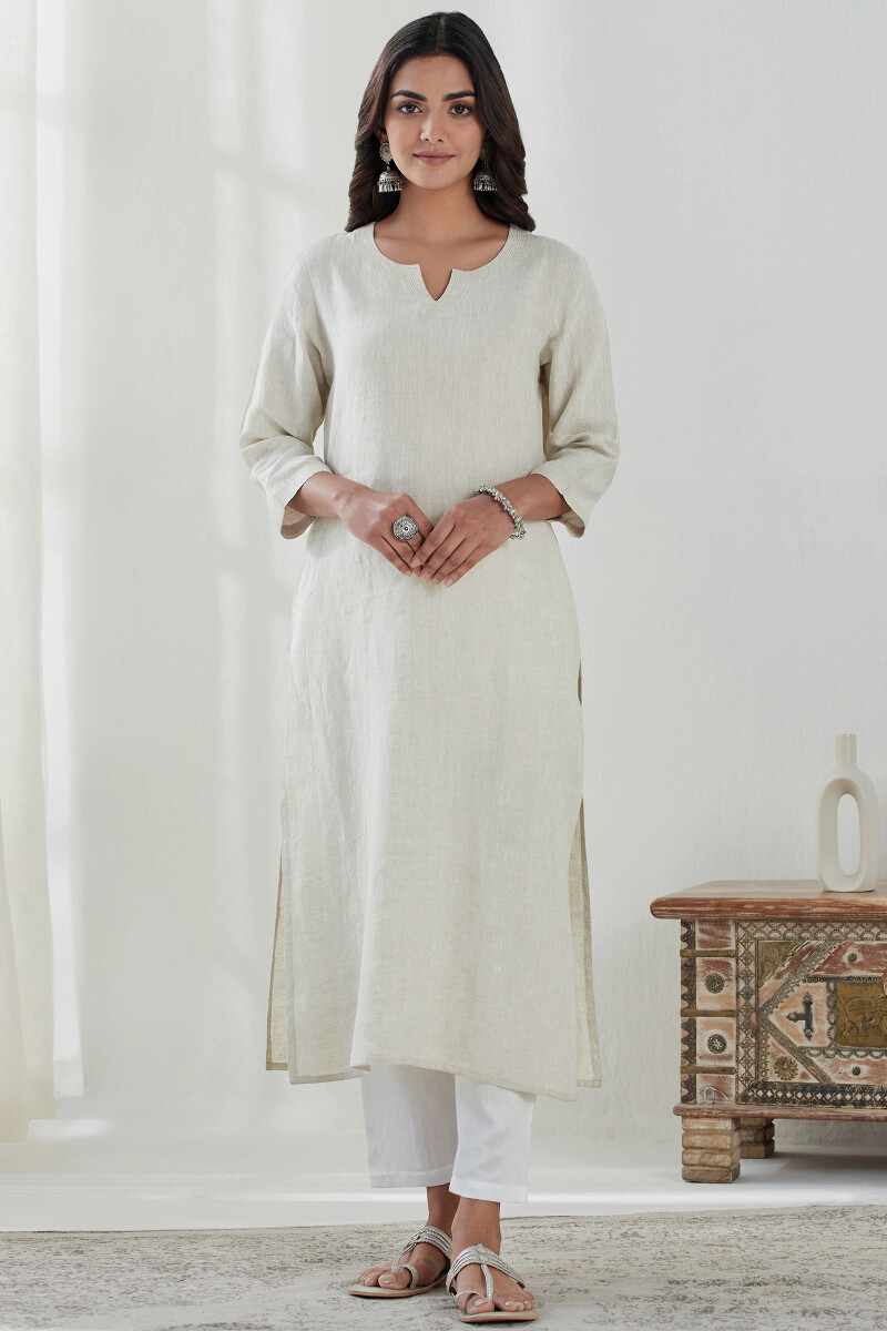 Beige Handcrafted Straight Linen Kurta