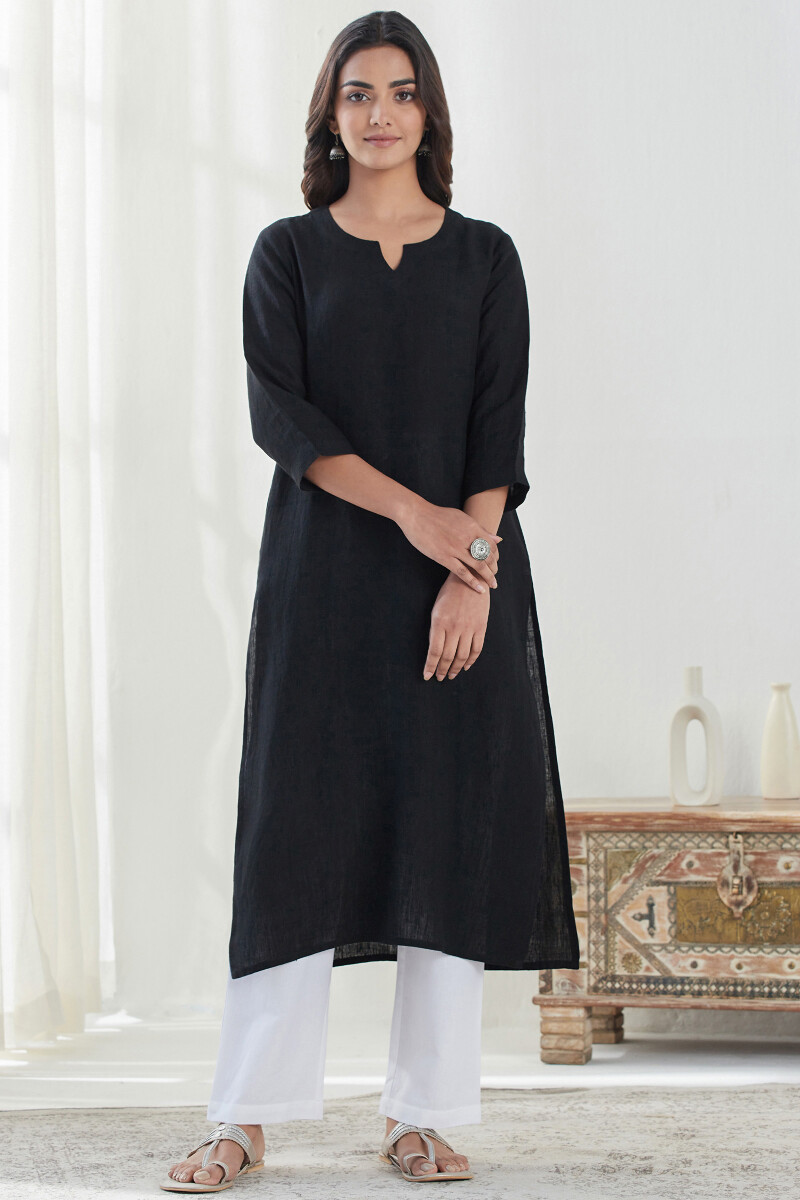 Black Handcrafted Straight Linen Kurta