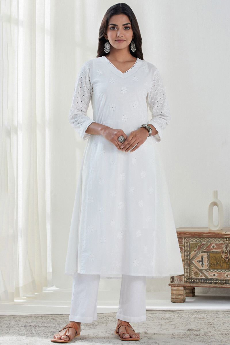 White Handcrafted Straight Cotton Kurta